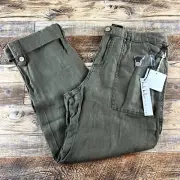 Nicole Miller New York Womens Pants Vintage Look Roll Cuff Olive Green Linen 6