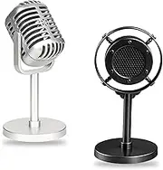 2 Pcs Retro Decor Microphone Prop - Toy Vintage Plastic Models for Party Decoration, Photography Props, Shooting Background (Silver and Black)