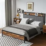 Levede Queen Bed Frame with Industrial Design, Tufted Soft Headboard & USB Charging Station - Heavy-Duty Steel Slats, 300kg Weight Capacity(220 cm x 153cm x 105cm, Brown and Grey)