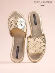 Gold Leather Tabitha Simmons x Next Darcy Leather Round Toe Laser Cut Espadrille Mules (F07911) | $160
