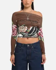 [ED HARDY] Ed Hardy Women's Eagle Long Sleeve T-shirt Brown - Size XL XL Brown