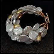 LAnGSHAW Natural 4Strands Cultured White Coin Freshwater Pearl Brushed Bead Strand Bracelet 8.5" Toggle Clasp