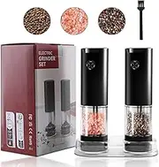 Hojudo Electric Sea Salt and Pepper Grinder Set of 2，Stainless Salt and Pepper Grinder- Battery Operated with Light -Oone Touch Start Pepper Grinder-Adjustable Coarseness-w/Base & Cleaning Brush