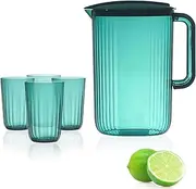 Plastic Pitcher with Cups Set of 4, 2L Water Jug with Lid & Vented Spout, Drinking Jugs for Hot/Cold Water Ice Tea Coffee Milk & Juice Beverage for Cocktail Jug for BBQ's, Parties, Camping