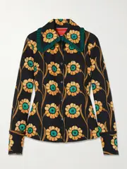 [La DoubleJ] La DoubleJ - La Comasca Floral-print Ruffle-trimmed Crepe Shirt - Black - x small x small Black