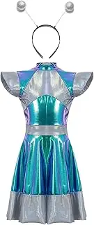 [Moggemol] Kids Girls Halloween Alien Cosplay Dress With Headband Outer Space Party Role Play Fancy Outfit