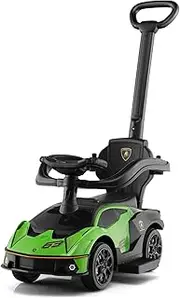 HONEY JOY Lamborghini Licensed Push Cars for Toddlers 1-3, 3 in 1 Stroller Sliding Walking Car w/Handle, Armrest Guardrail, Underneath Storage, Horn, Foot-to-Floor Ride On Toy for Boys Girls (Green)