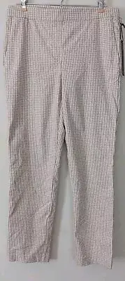 Nicole Miller Gingham Pants Sz 8 White Tan Check Pockets Pull On Stretch New NWT