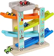 TOWO Zig Zag Car Slide with 4 Wooden Cars & Roof Top Park Playsets-Click Clack Track Toys for Toddlers -Racing Car Toys for Kids Boys Girls 1 2 3 4