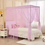 Pink Shiny Bed Canopy with Lights for Girls Kids,4 Corner Post Moon Stars Sequin