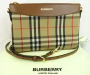 NWT BURBERRY PEYTON BROWN TAN LEATHER CHECK CANVAS CROSSBODY BAG Made in Italy