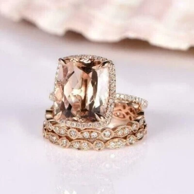 3.00Ct Cushion Cut Simulated Morganite Trio Set Ring 14K Rose Gold Plated