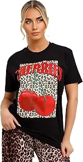 [FAIRY BOUTIQUE] Womens Cherry Leopard Graphic Print Baggy T-Shirt - Ladies Short Sleeve Summer Casual Wear Fashion Tees Top Plus Size 8-22