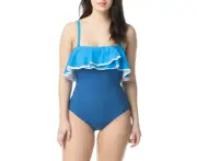Coco Reef Contours Agate Ruffle Bandeau One-Piece Swimsuit Blue 10/34C