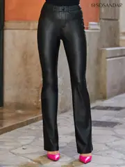 Sosandar Black Petite PU Button Through Kick Flare Trousers (N12354) | $136