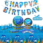 Under The Sea Party Supplies-98pcs Ocean Sea Party Tablewear Set-Marine Life Party Plates Cups Napkins Tablecloth Banner etc Ocean Animal Party Tableware for Under The Sea Party Decorations