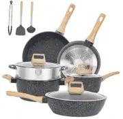 12 Pcs Pots and Pans Set, Nonstick Cookware Sets Black Granite Induction