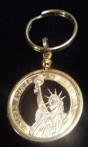 Hand Cut Statue of Liberty Gold Dollar Bezel set Pendant Key Chain