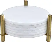 Queenza Marble Coaster Set of 6 with Metal Holder, Pearl White Marble Coasters Round Tiles 3.5 Inch Wide 5 mm Thick, Both Side Polish for Scratch Free Surface