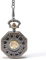 [QRDYL] Pocket Watch,MechanicalPocket Watch Retro Mechanical Pocket Watch Octagonal Creative Flip Openwork Back Table Male Mechanical Watch for Men Women