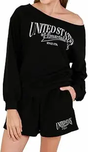 [Amazhiyu] Women's Graphic Pullover Off Shoulder Sweatshirt and Shorts 2 Piece Set