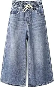 [Kidscool Space] Girls Jeans, 5-14T Wide-Leg Loose Elastic Waist with String Flared Denim Pants