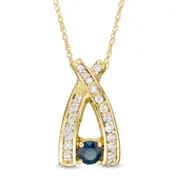 4.0mm Blue Sapphire and 0.2 CT. T.W. Natural Diamond Wishbone Pendant in 10K Yellow Gold