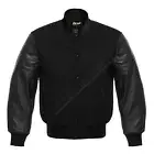 Varsity Letterman Solid Black wool Genuine Leather Sleeves bomber college Jacket