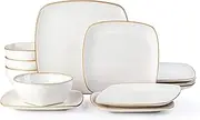 [AmorArc] Ceramic Dinnerware Sets for 4, 12 Pieces Square Handpainted Plates and Bowls Set, Chip and Scratch Resistant Stoneware Dishes Set, Dishwasher & Microwave Safe, Pearl White