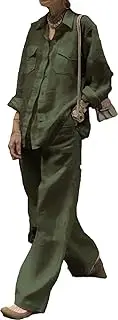 [HongYunAu] Women's Stylish Cotton Linen Two Piece Set Pocket Design Solid Color Loose Long Sleeve Shirts & Pants 2pcs Set