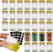 30 Pack 6 Oz Hexagon Glass Jars Gold Lids Glass Canning Jars with Labels,Perfect