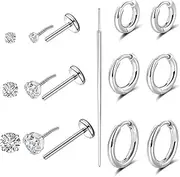 [Lantine] 20G Threadless Flat Back Stud Earrings Hoop Set for Women Surgical Stainless Steel Push in Nose Stud Small Cz Cartilage Earrings Hoop for Helix Piercing First Second Third Hole, Stainless