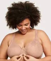 Glamorise Lacey T-Back Front-Closure WonderWire Bra - Cappuccino (Size 16B)