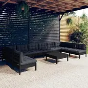 Generic 11 Piece Garden Lounge Set with Cushions Black Solid Pinewood,3097197