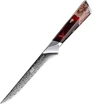 FINDKING Nebula Series Boning Knife, Versatile Deboning Knife, 10Cr15CoMov Damascus Steel Blade, Resin and Figured Sycamore Handle, Full Tang, 5.5 Inch, Red, for Skinning, Removing Fat, Filleting