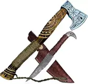 Viking Axe 52 CM As Gift Reaven Head Knife 2-in-1 Set Hand Engraved Oak Wood Handle, Xmas Party, Valentine's Day, Birthday Party, Premium Leather Sheath (AX-29-KF-1)