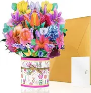 Flower Pop Up Card Happy Mothers Day Card 3D Mothers Day Greeting Cards Carnation Flower Bouquet with Note Card and Envelope for Mom Birthday, Anniversary, Mother's Day (Lily Roses)