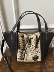 Rare Tory Burch McGraw Raffia 250 Dark Brown Drawstring Bag Monogram $648
