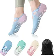 [voofly] Grip Socks Pilates for Women - 3 Pairs Grippy Non Slip Sock with Straps for Yoga Ballet Dance
