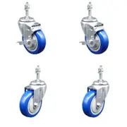 4 Inch SS Blue Polyurethane Swivel 3/8 Inch Threaded Stem Caster Set 2 Brakes