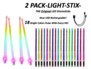 5-sets, 18 Color Changing LED Drum Sticks Light Up USB - Now USB Rechargeable!