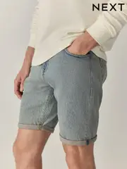 Light Blue Tint Slim Fit Stretch Denim Shorts (AL5672) | $40