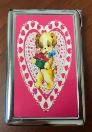 Vintage Heart Puppy Cigarette Case with Built in Lighter Metal Wallet Pink