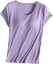 [Suhorseful] Women's Pajama Top with Built-in Bra Short Sleeve T-Shirt Padded Wireless Bra Tops Yoga Shirt Soft Sleep Tee Sleepwear, Purple, Small