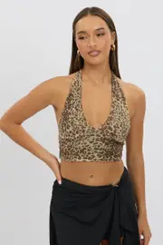 Brown Animal Print Halter Neck Top Tie Back Mesh - Size 14L, Women's Top