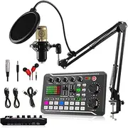 Podcast Microphone Bundle, BM-800 Condenser Mic with F998 Live Sound Card Kit, Podcast Equipment Bundle with Voice Changer and Mixer Functions for PC Smartphone Studio F998+Gold mic+Adjustable Arm