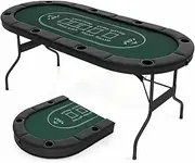 Costway 1.8m Foldable Poker Table for 8 Players, Portable Oval Card Board Game Table for Blackjack Texas Hold’em Casino Leisure Game w/Deep Metal Cup Holders, Padded Railings (Black+Green)