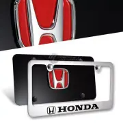 3D Red HONDA Emblem Front + Back Stainless Steel License Plate Frame w/ Caps NEW