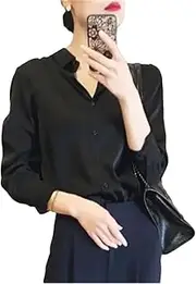 [Generic] Women Spring Satin Face Shirts Turn-Down Collar Solid Single Breasted Long Sleeve Temperament Blouses