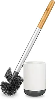 Full Circle Scrub Queen Toilet Brush & Holder - Bamboo Handle | Replaceable Head | Non-Slip Base | Includes Dry Earth Stone for Mold Prevention Ceramic Holder | Tough Mohawk Bristles | White/Grey